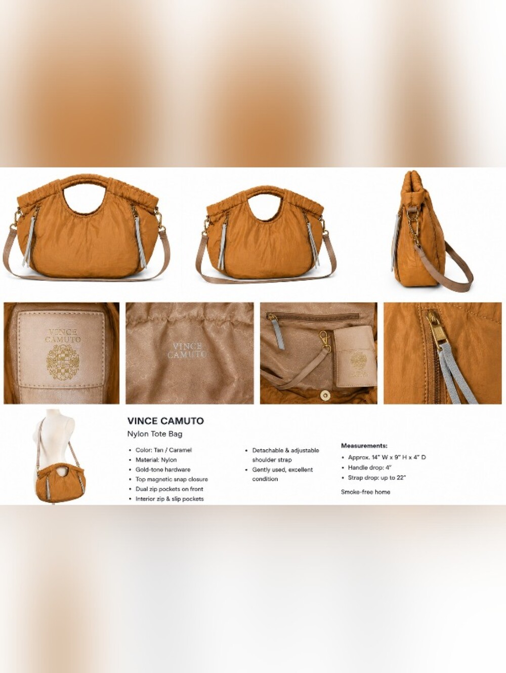 Vince Camuto Tan Caramel Nylon Ruched Tote with Detachable Strap